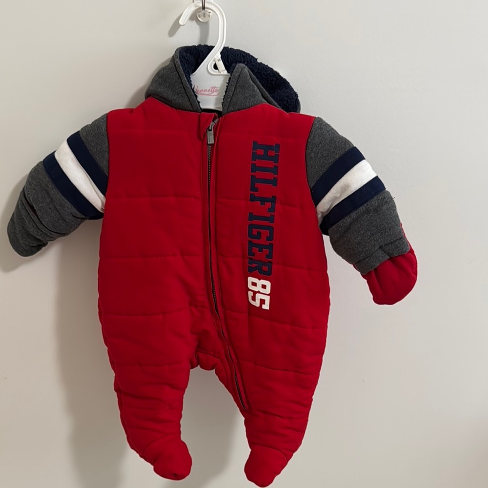 Tommy Hilfiger Red Baby One-Piece with Gray, Navy & White Accents